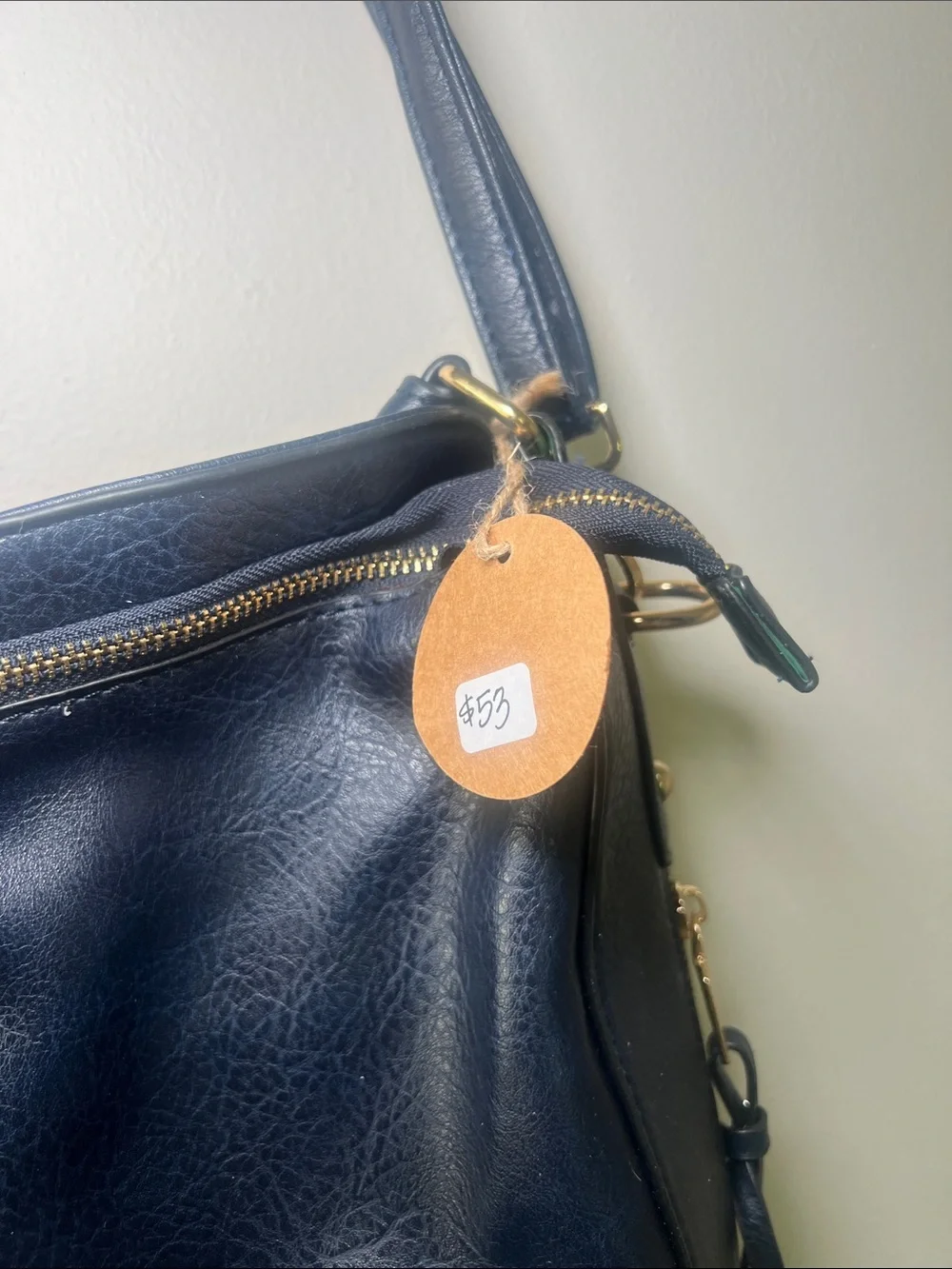Navy Leather Shoulder Bag with Gold Hardware - Women's